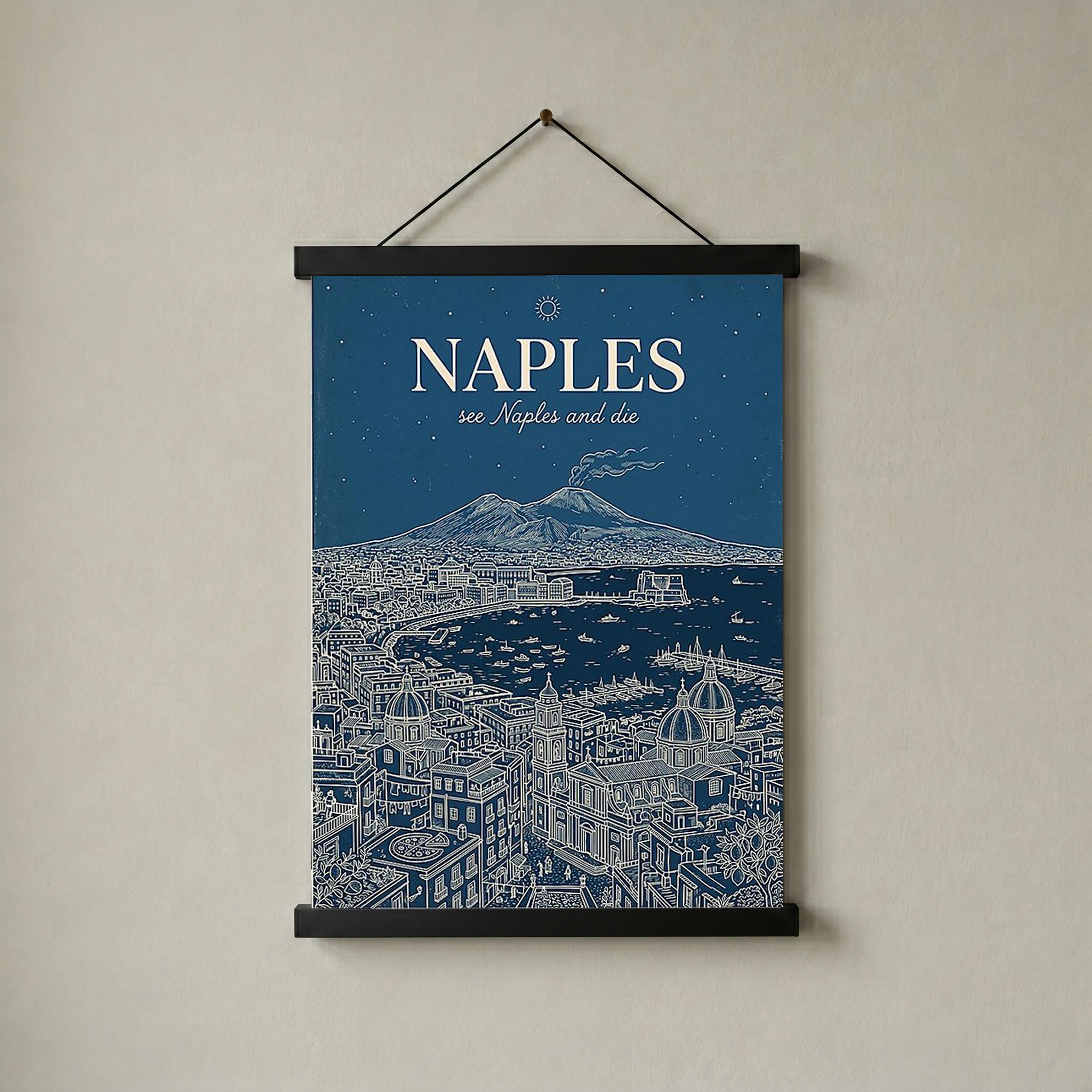 Naples Line Art Print — Navy Mount Vesuvius Bay Skyline Wall Art