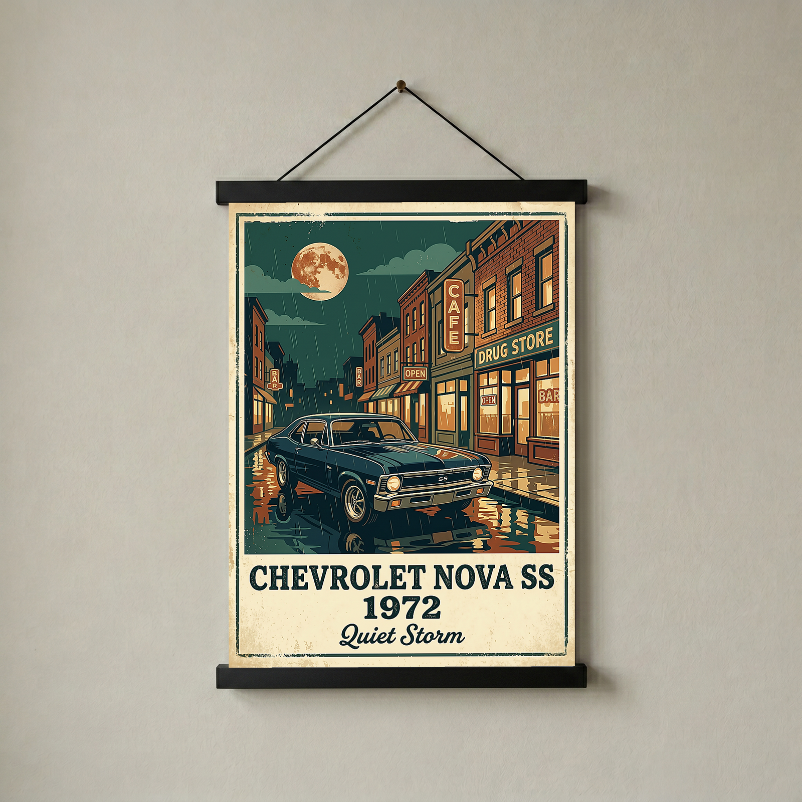 Chevrolet Nova SS 1972 Poster — Vintage Muscle Car Rainy Night Street Print