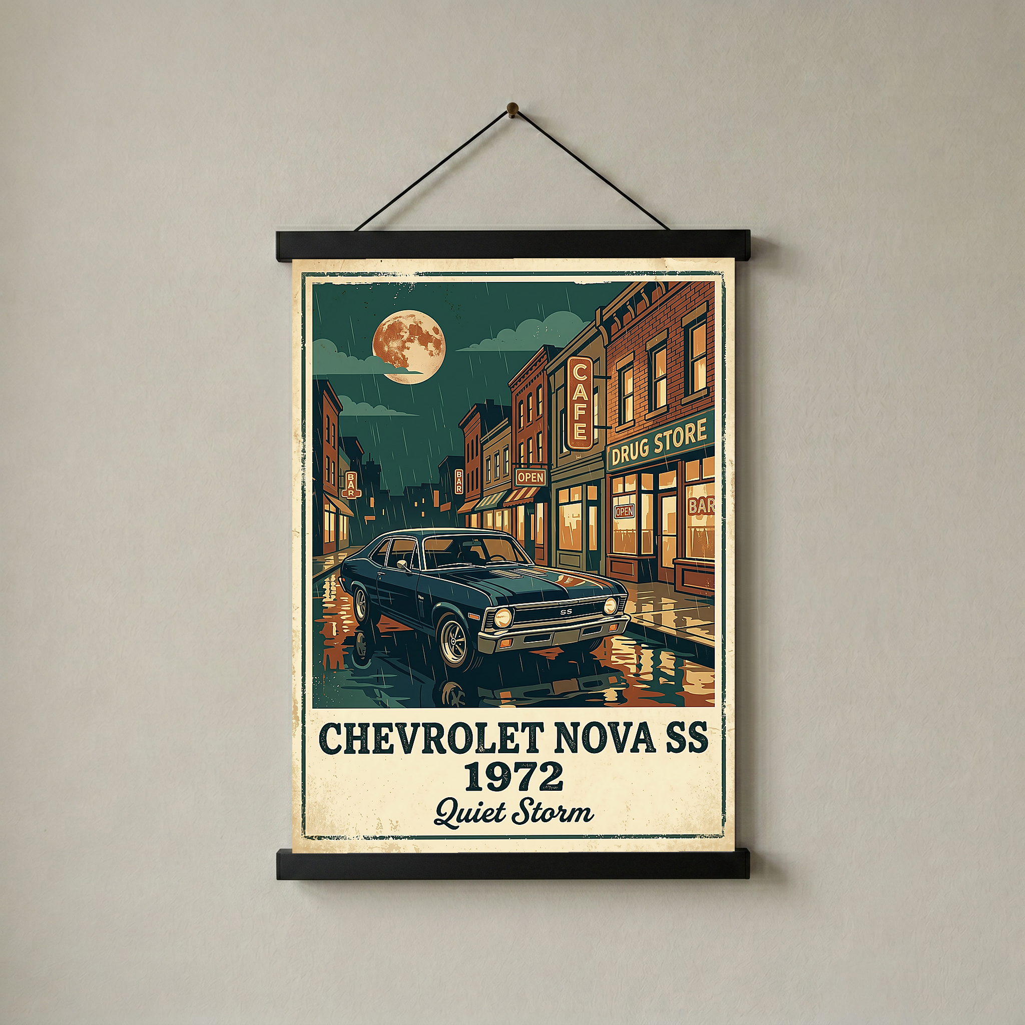 Chevrolet Nova SS 1972 Poster — Vintage Muscle Car Rainy Night Street Print