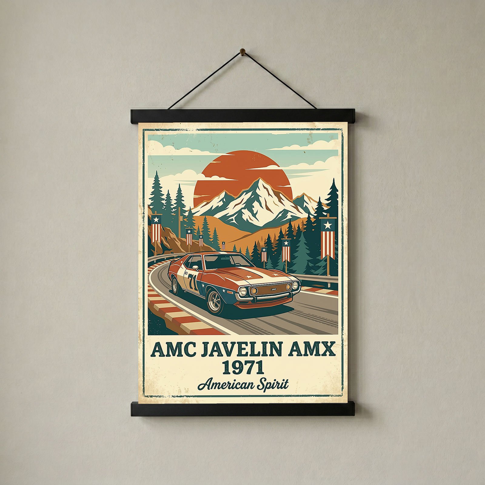 AMC Javelin AMX 1971 Poster — Vintage Muscle Car Race Track Mountain Print