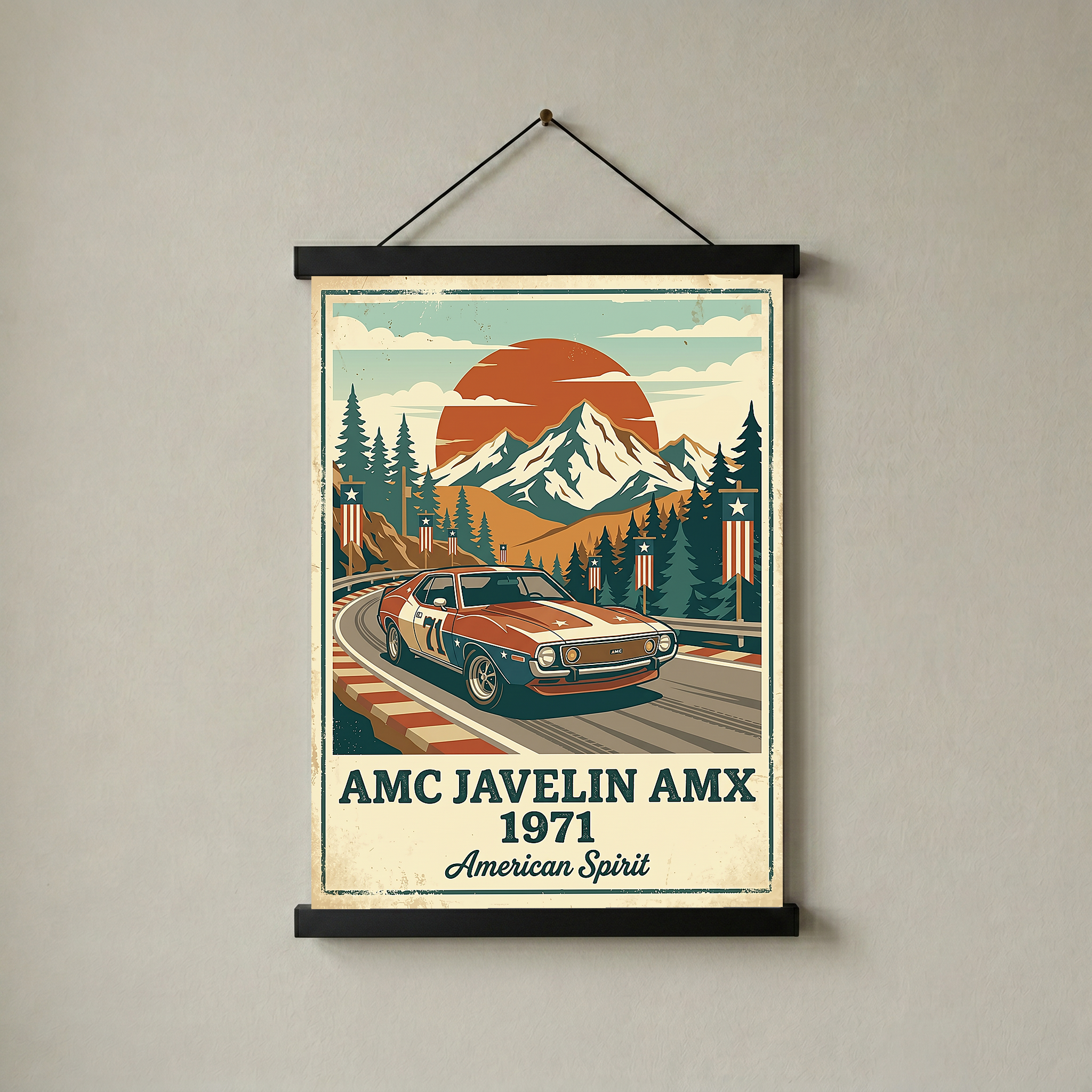 AMC Javelin AMX 1971 Poster — Vintage Muscle Car Race Track Mountain Print
