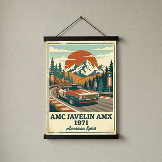 AMC Javelin AMX 1971 Poster — Vintage Muscle Car Race Track Mountain Print