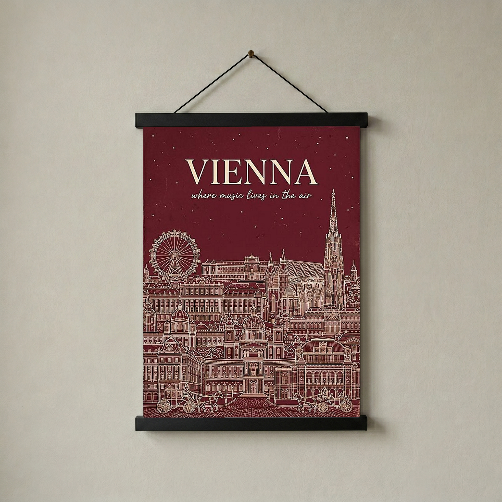 Vienna Line Art Print — Cherry Red St. Stephen's Cathedral Skyline Wall Art