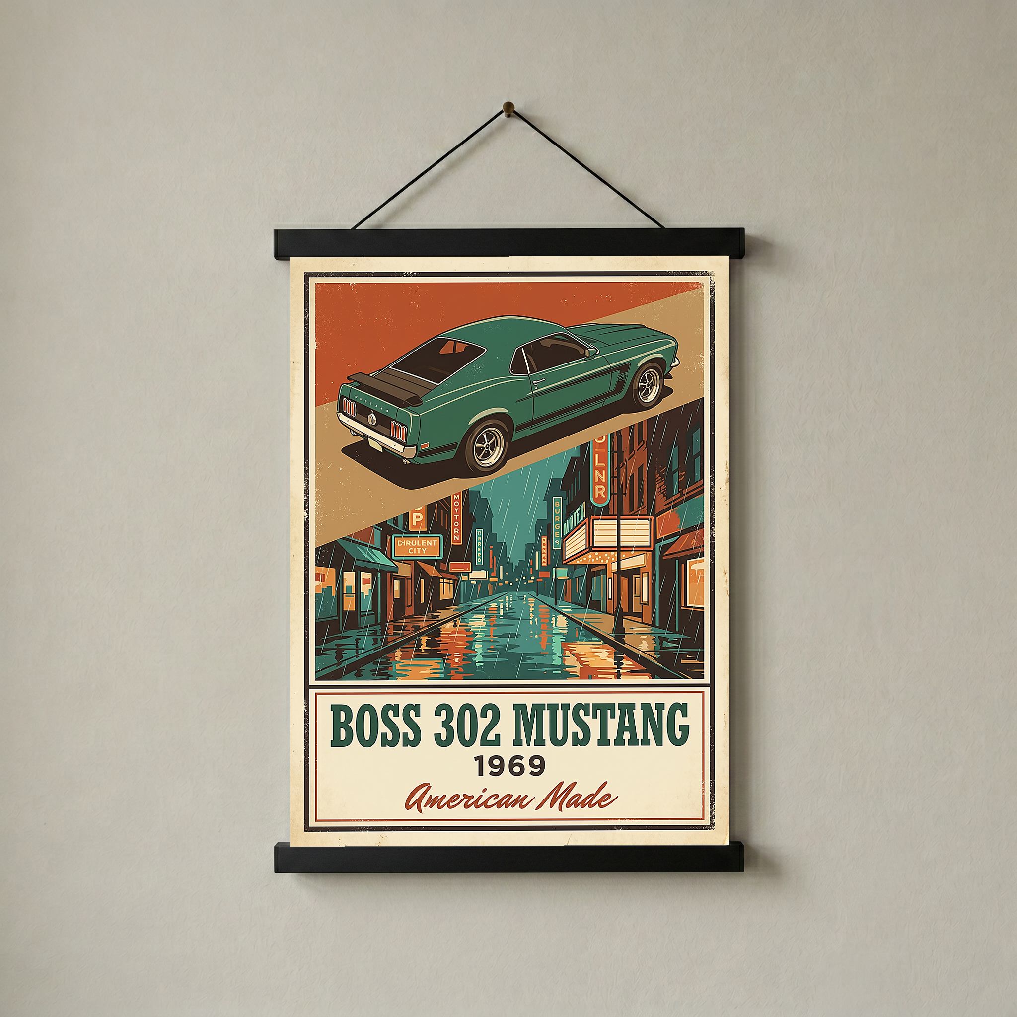 Boss 302 Mustang 1969 V2 Poster — Vintage Muscle Rainy Cinema Street Print