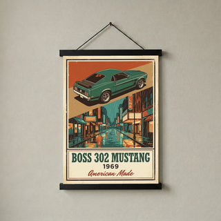 Boss 302 Mustang 1969 V2 Poster — Vintage Muscle Rainy Cinema Street Print