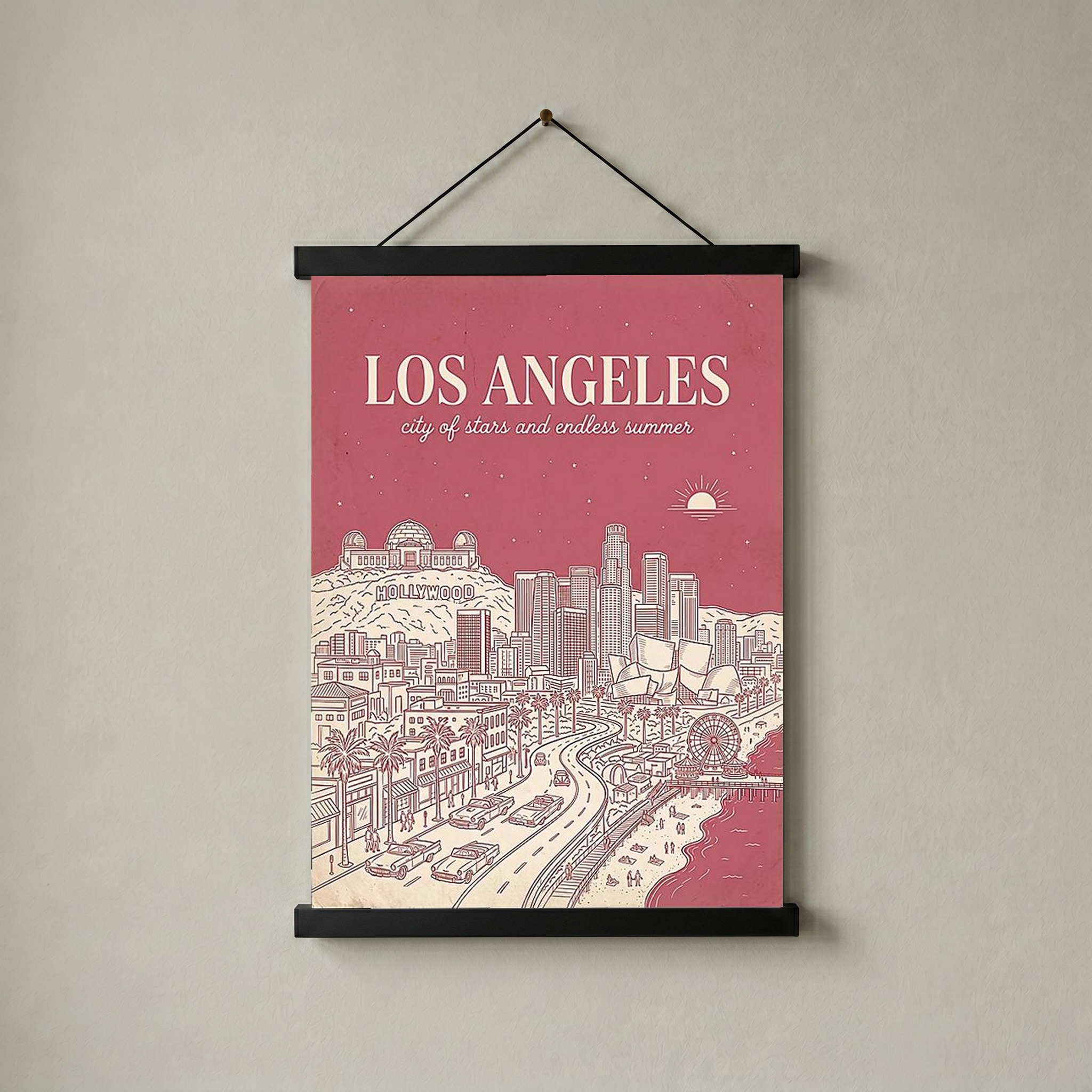 Los Angeles Line Art Print — Pink Hollywood Sign Downtown Skyline Wall Art