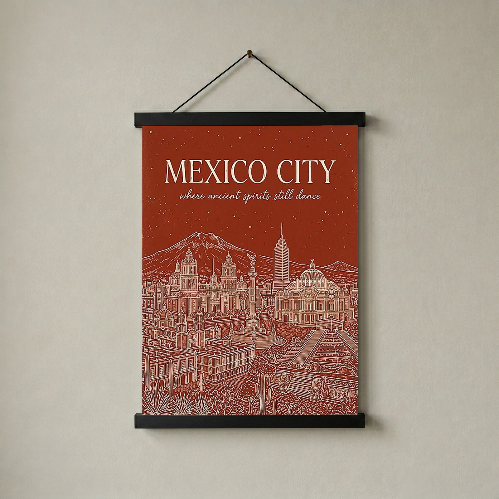 Mexico City Line Art Print — Rust Bellas Artes Templo Mayor Skyline Wall Art