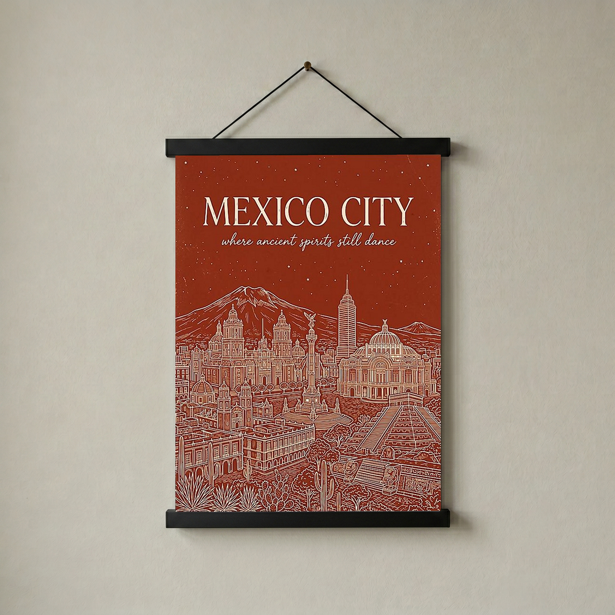 Mexico City Line Art Print — Rust Bellas Artes Templo Mayor Skyline Wall Art