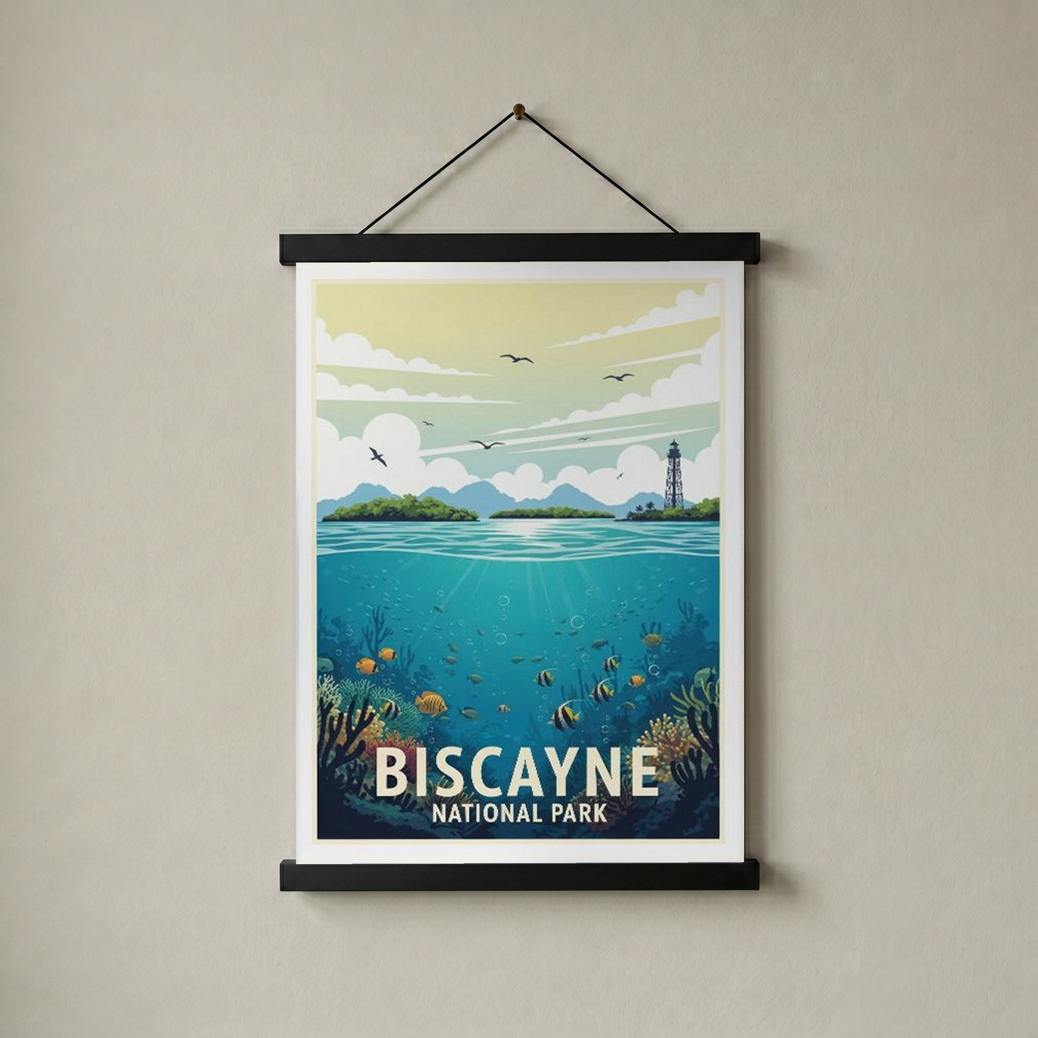 Biscayne National Park Poster — Vintage Florida Coral Reef Lighthouse Print