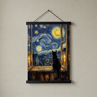 Black Cat Window Print — Van Gogh Starry Night Cozy Cottage Wall Art