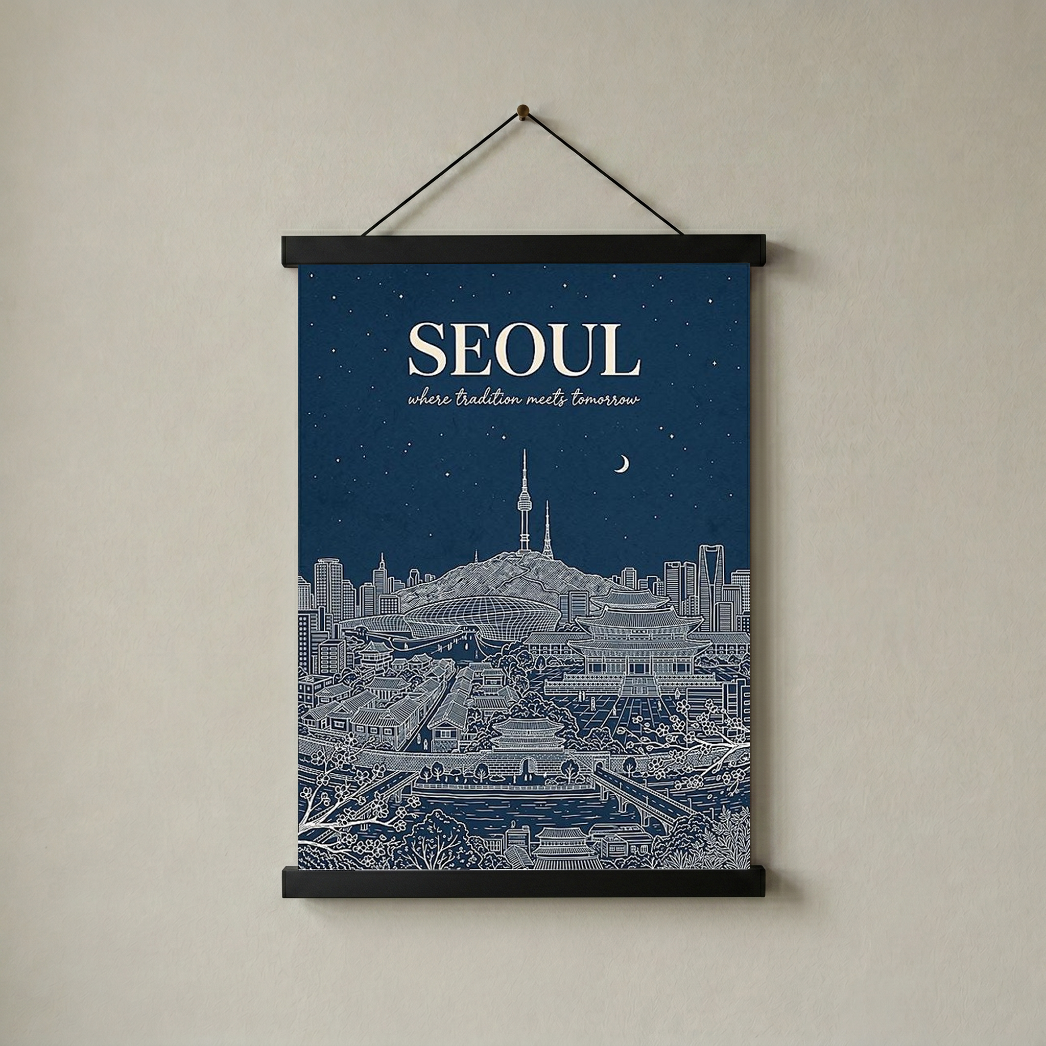 Seoul Line Art Print — Navy N Seoul Tower Gyeongbokgung Palace Skyline Wall Art