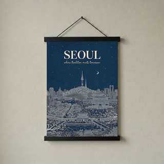 Seoul Line Art Print — Navy N Seoul Tower Gyeongbokgung Palace Skyline Wall Art