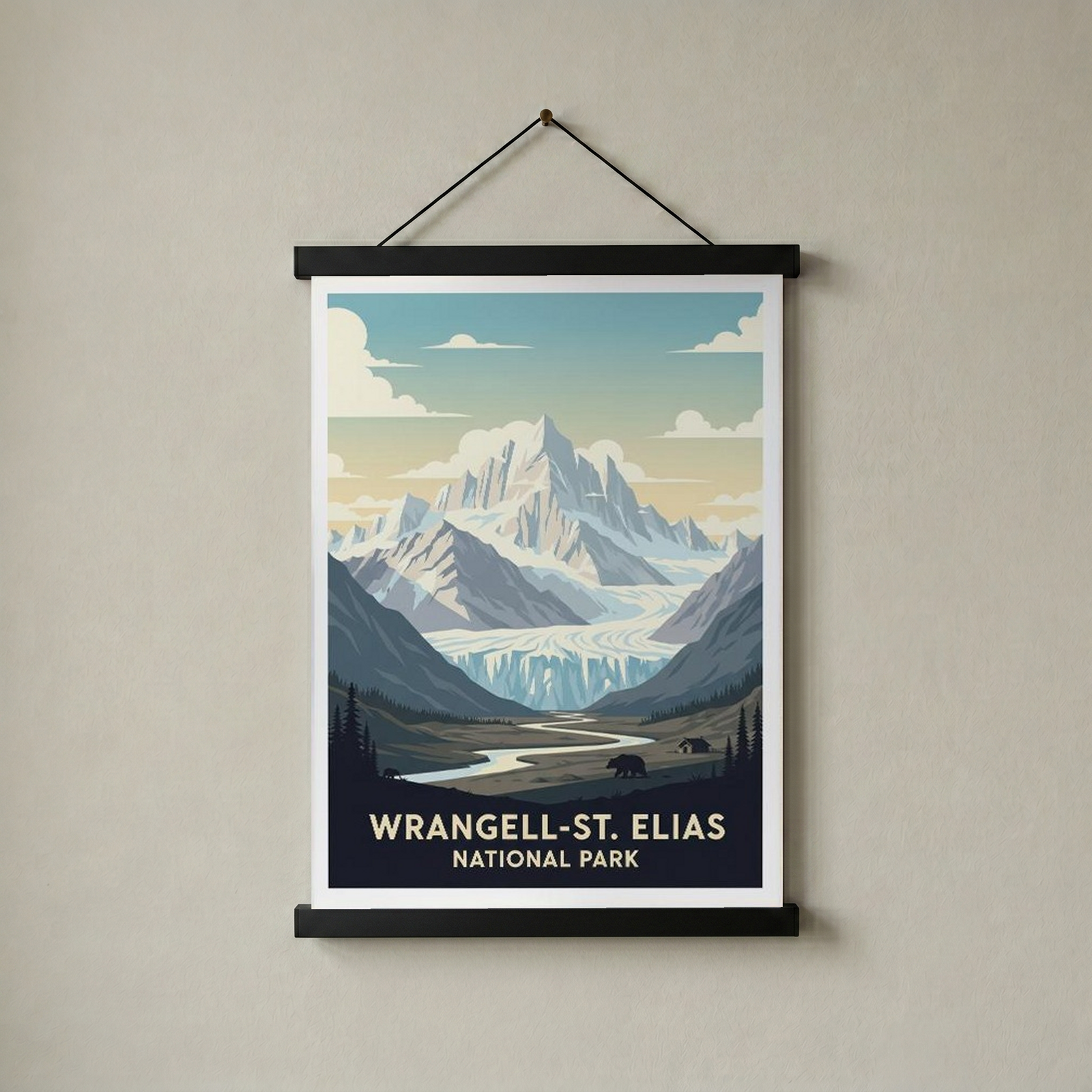 Wrangell-St. Elias National Park Poster — Vintage Alaska Glacier Mountain Bear Print
