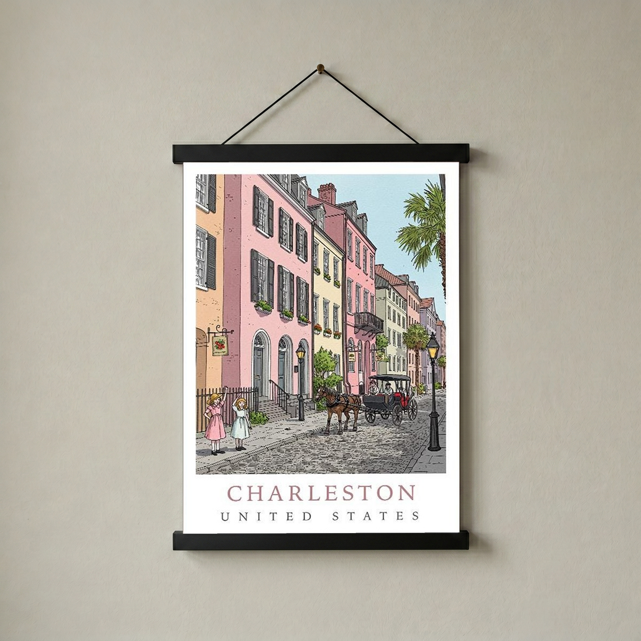 Charleston SC Travel Poster — Rainbow Row Carriage Ride Pastel Print