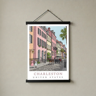 Charleston SC Travel Poster — Rainbow Row Carriage Ride Pastel Print