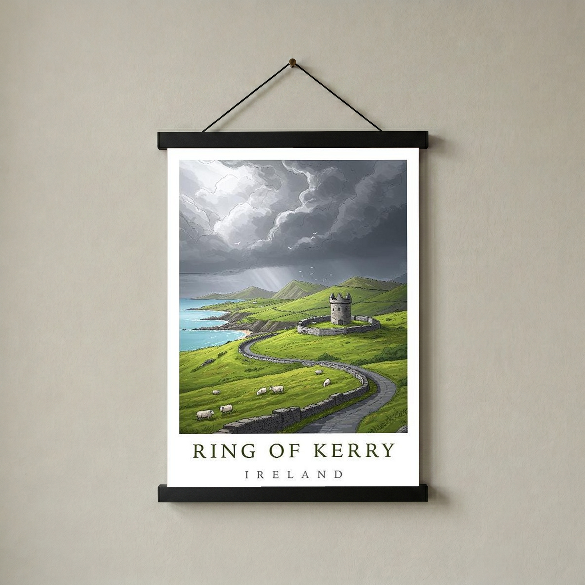Ring of Kerry Ireland Travel Poster — Coastal Castle Sheep Stone Wall Print