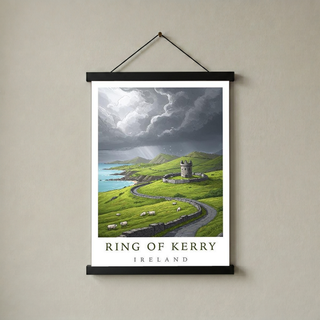 Ring of Kerry Ireland Travel Poster — Coastal Castle Sheep Stone Wall Print