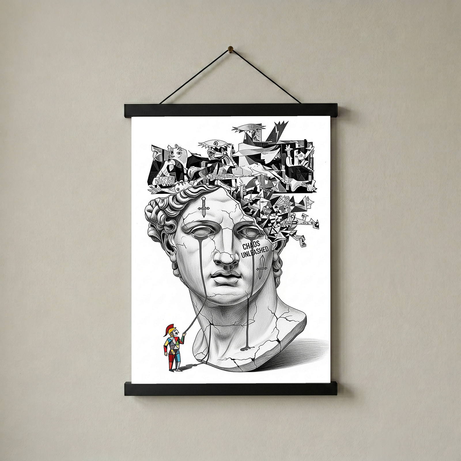 Chaos Unleashed — Surreal David Bust Meets Picasso's Guernica Wall Art Print