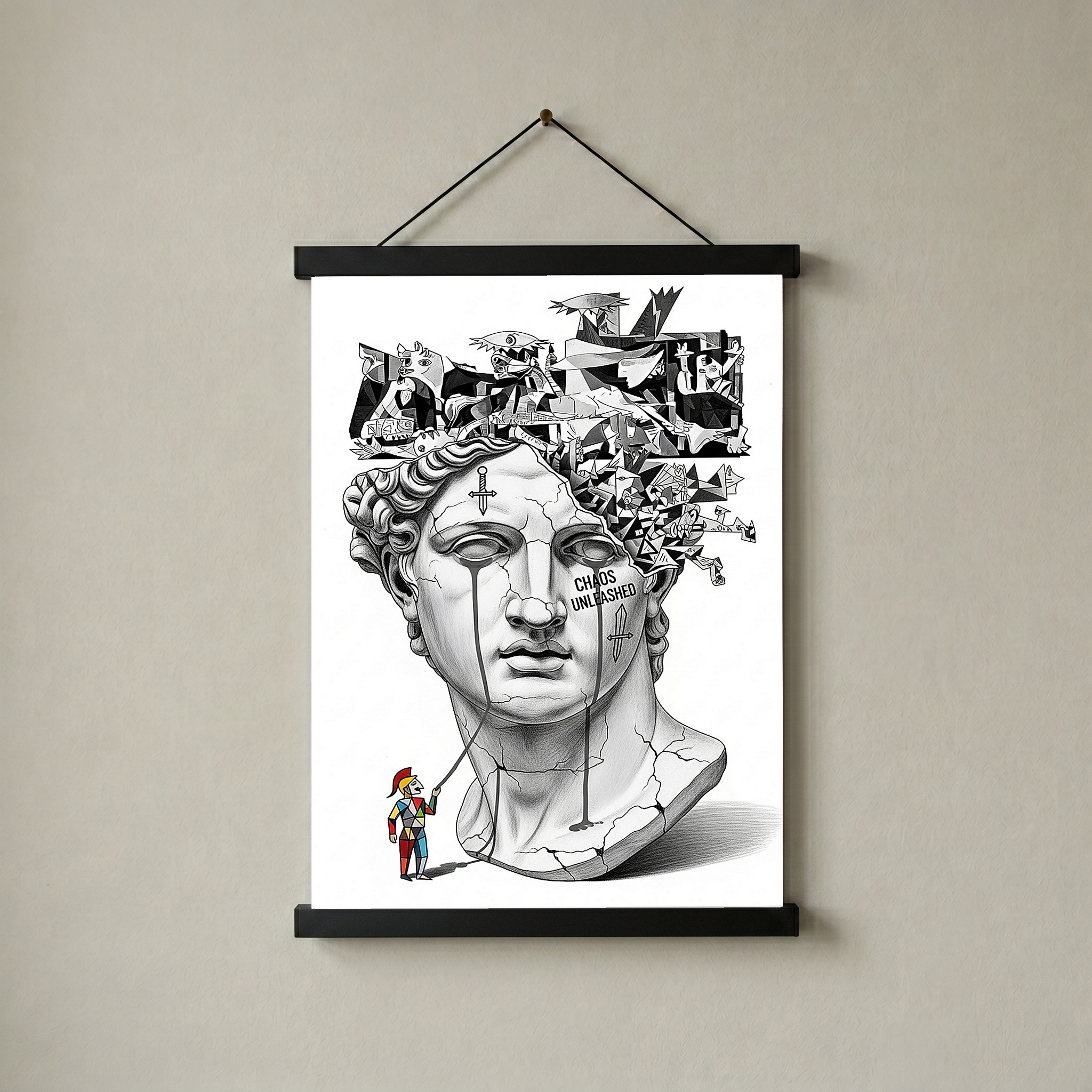 Chaos Unleashed — Surreal David Bust Meets Picasso's Guernica Wall Art Print
