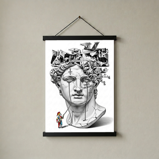 Chaos Unleashed — Surreal David Bust Meets Picasso's Guernica Wall Art Print