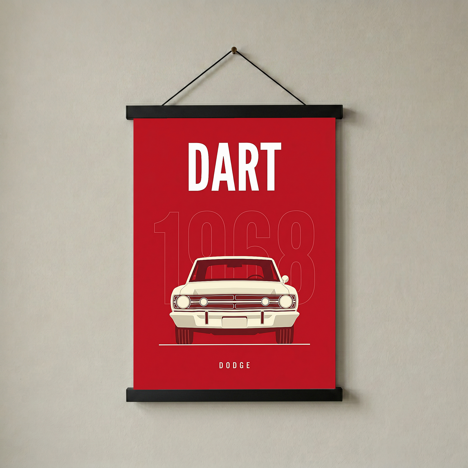 Dodge Dart 1968 Minimalist Poster — Ivory on Cherry Red Muscle Line Art