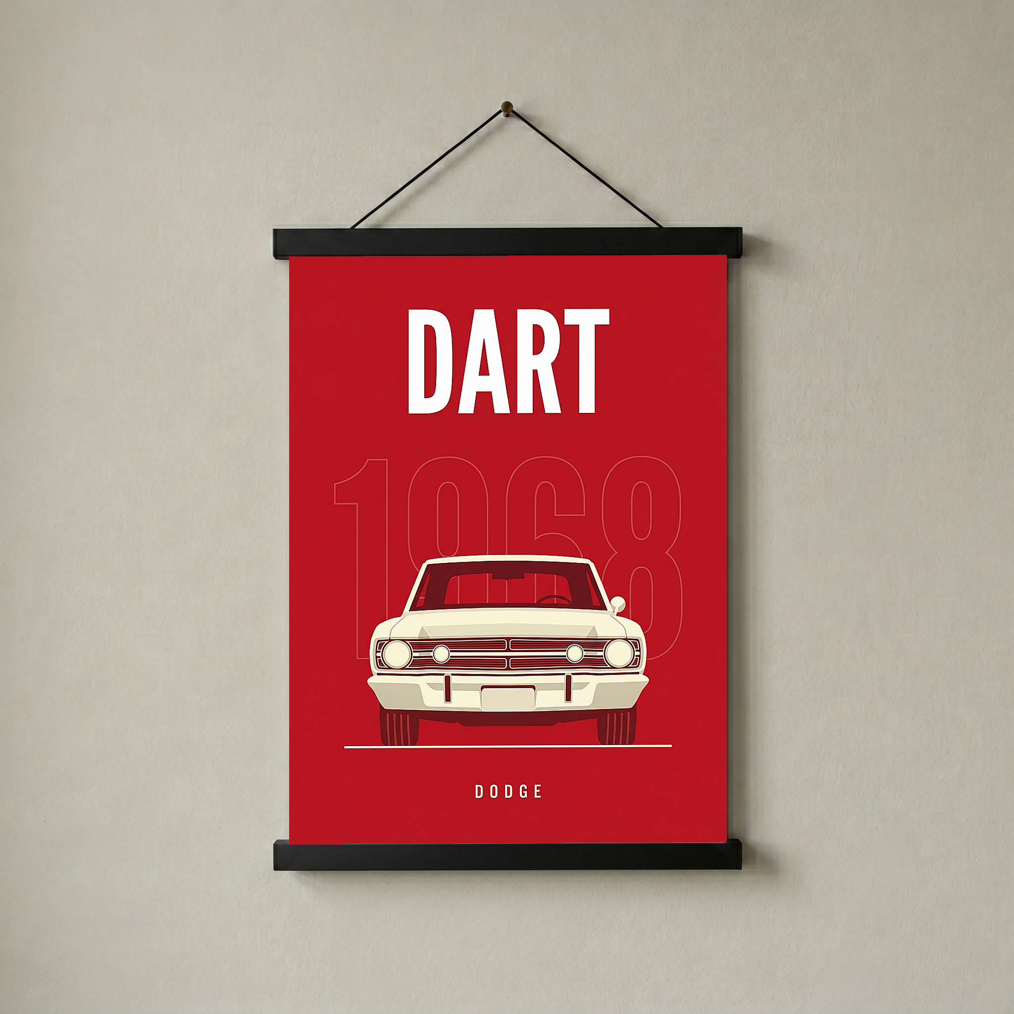 Dodge Dart 1968 Minimalist Poster — Ivory on Cherry Red Muscle Line Art