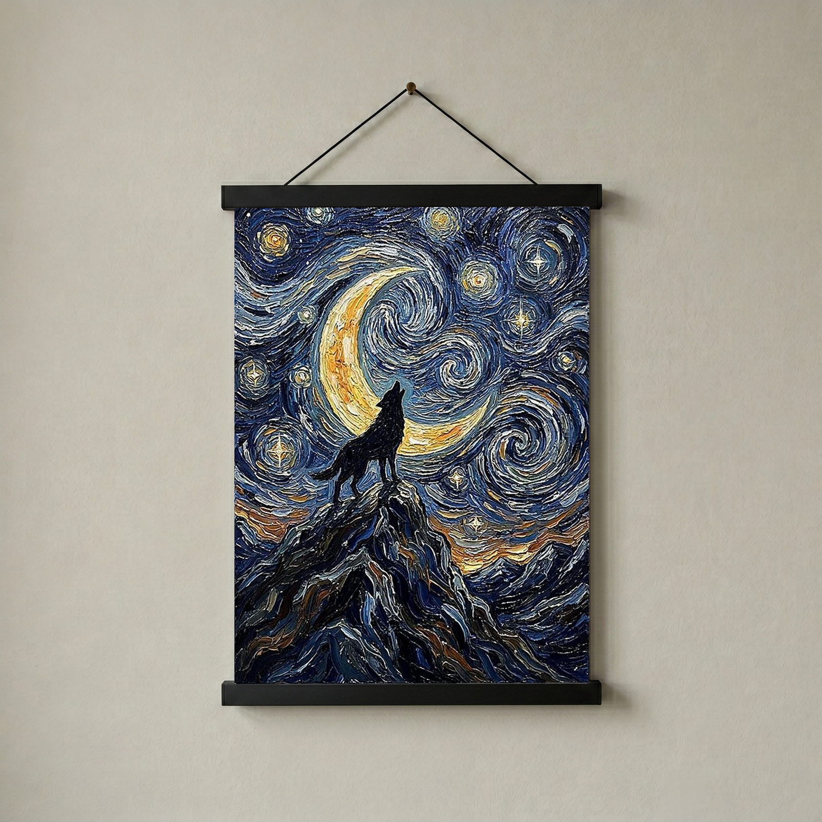 Black Wolf Howling Crescent Moon Print — Van Gogh-Style Mountain Wall Art