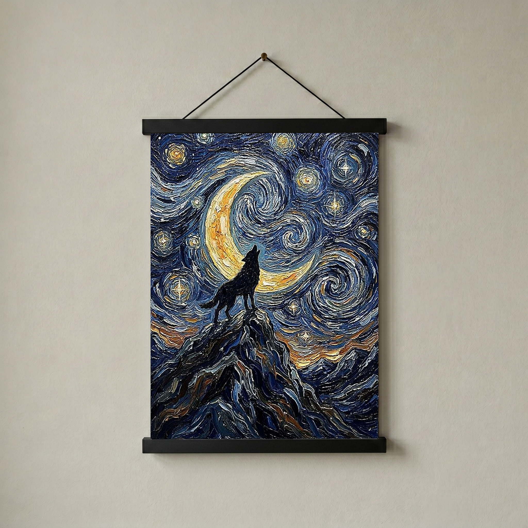 Black Wolf Howling Crescent Moon Print — Van Gogh-Style Mountain Wall Art