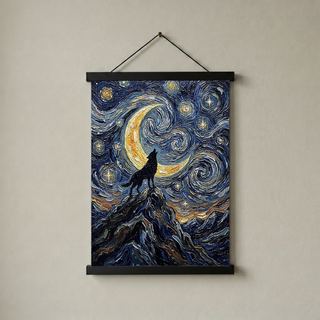 Black Wolf Howling Crescent Moon Print — Van Gogh-Style Mountain Wall Art