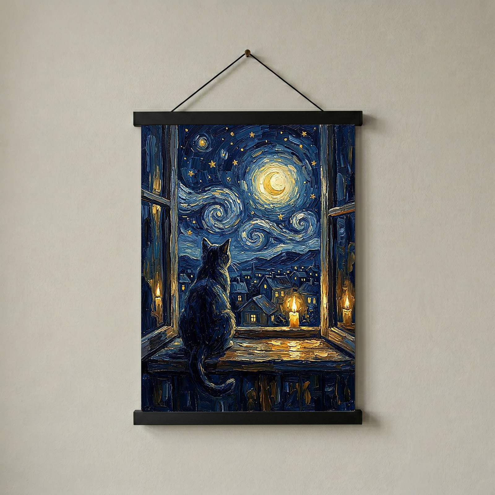 Cat at Candlelit Window Print — Van Gogh Starry Night Village Wall Art