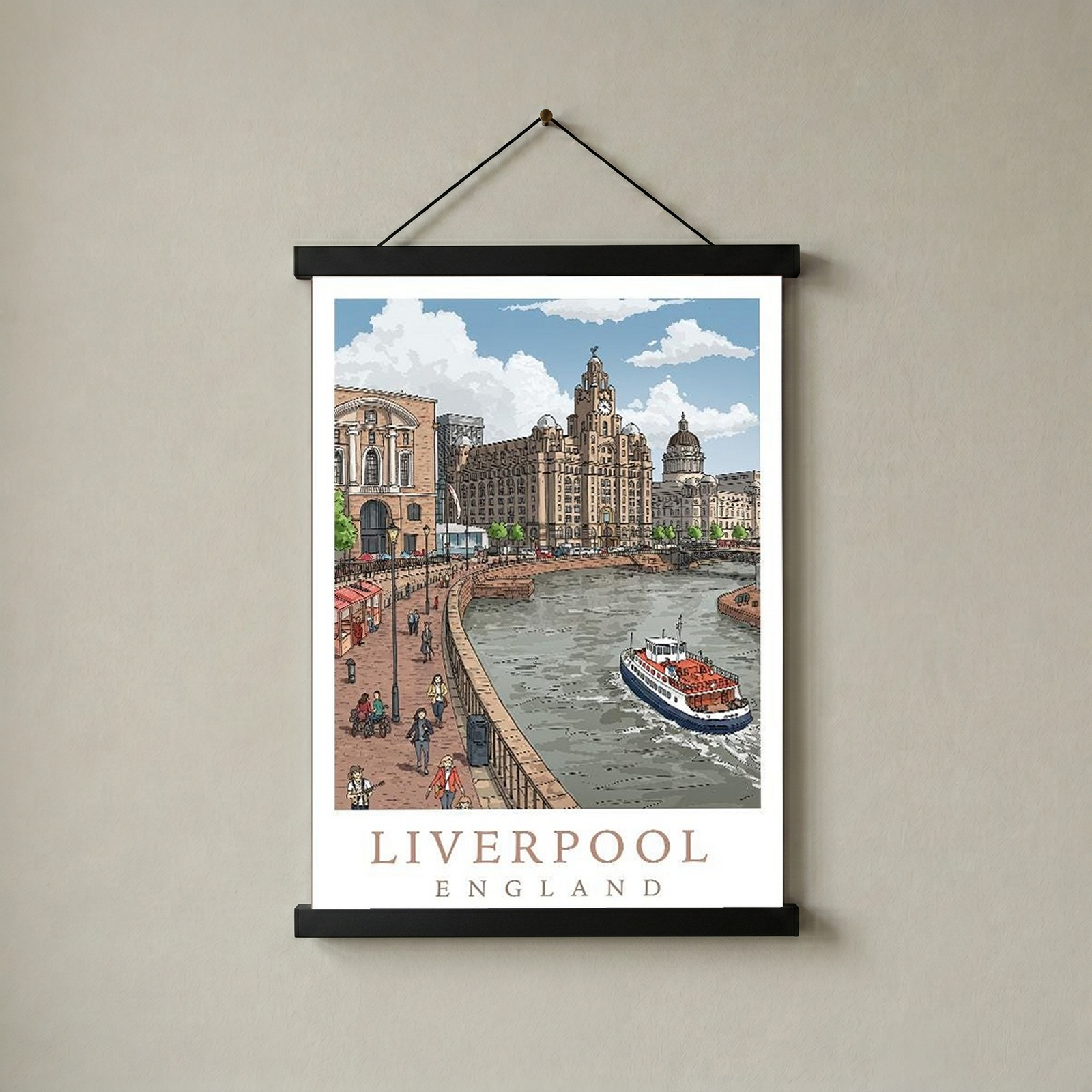Liverpool England Travel Poster — Pier Head Liver Building Waterfront Print