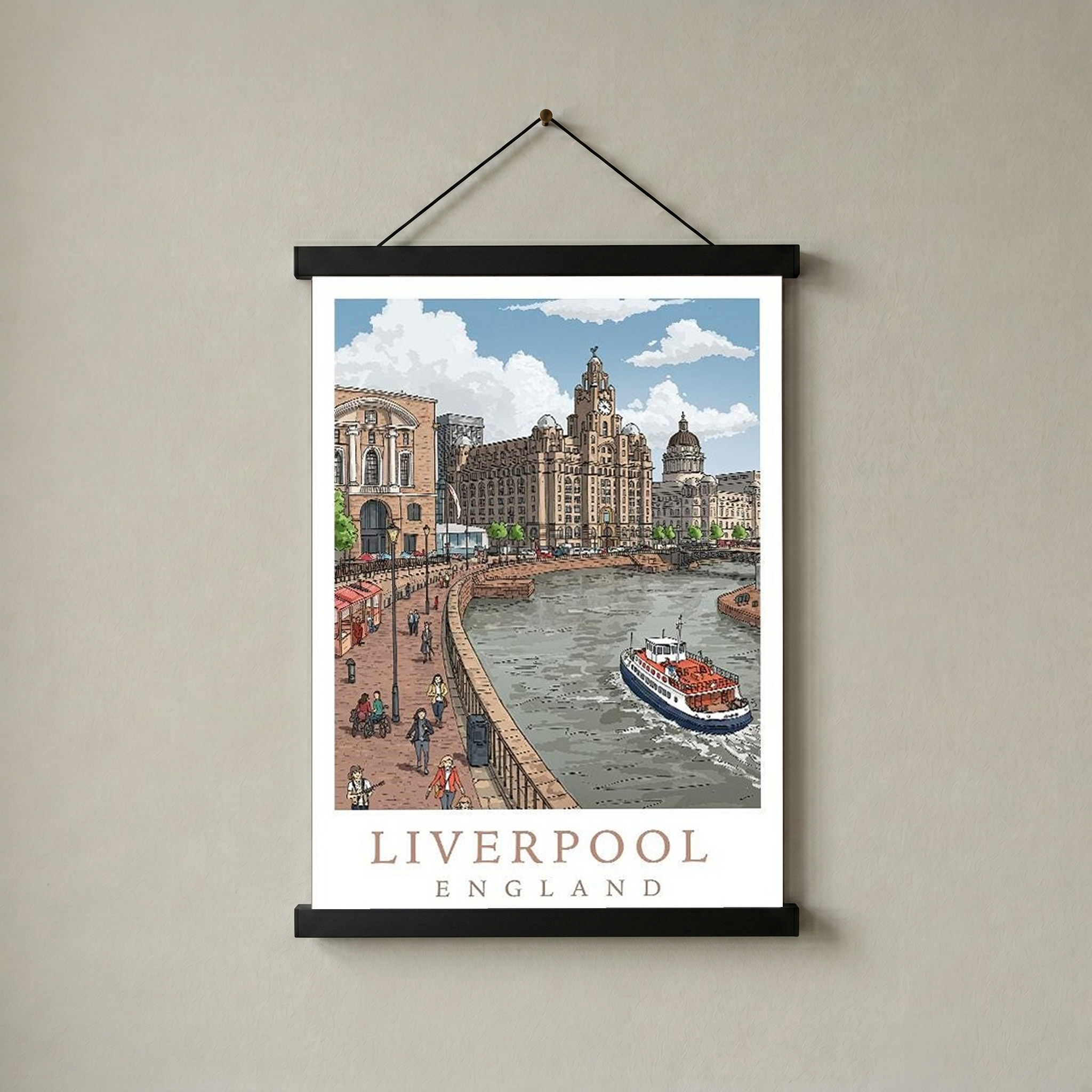 Liverpool England Travel Poster — Pier Head Liver Building Waterfront Print