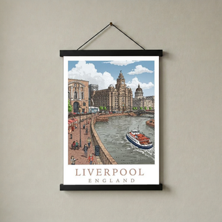 Liverpool England Travel Poster — Pier Head Liver Building Waterfront Print