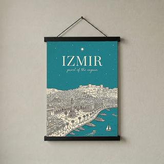 İzmir Line Art Print — Teal Clock Tower Kadifekale Aegean Coast Wall Art
