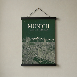 Munich Line Art Print — Forest Green Frauenkirche Marienplatz Skyline Wall Art