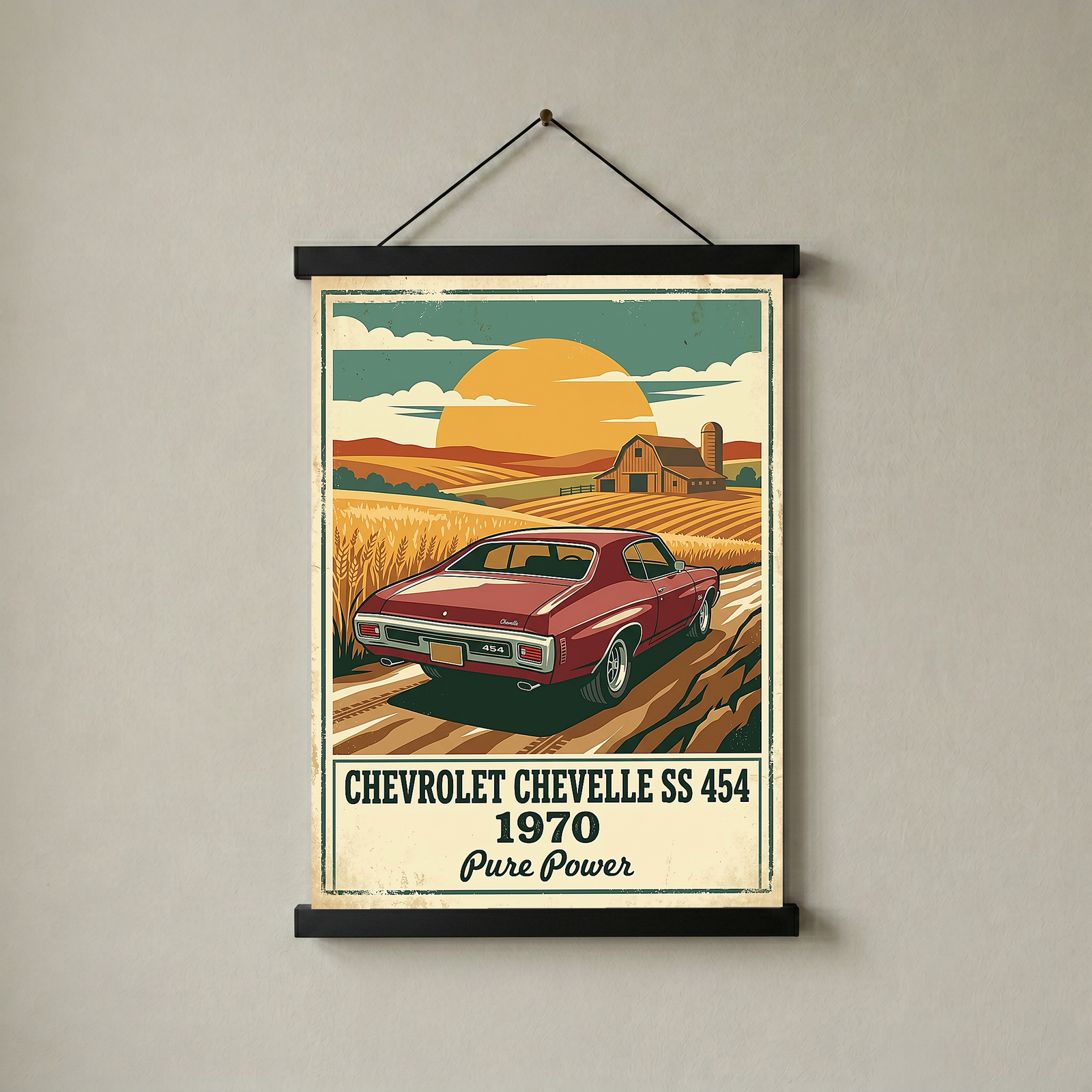 Chevrolet Chevelle SS 454 1970 V3 Poster — Vintage Muscle Car Wheat Field Barn Print
