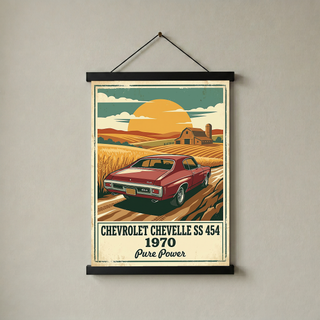 Chevrolet Chevelle SS 454 1970 V3 Poster — Vintage Muscle Car Wheat Field Barn Print