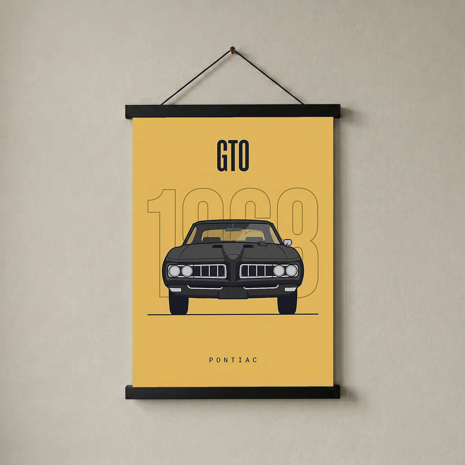 Pontiac GTO 1968 Minimalist Poster — Golden Yellow Muscle Car Line Art
