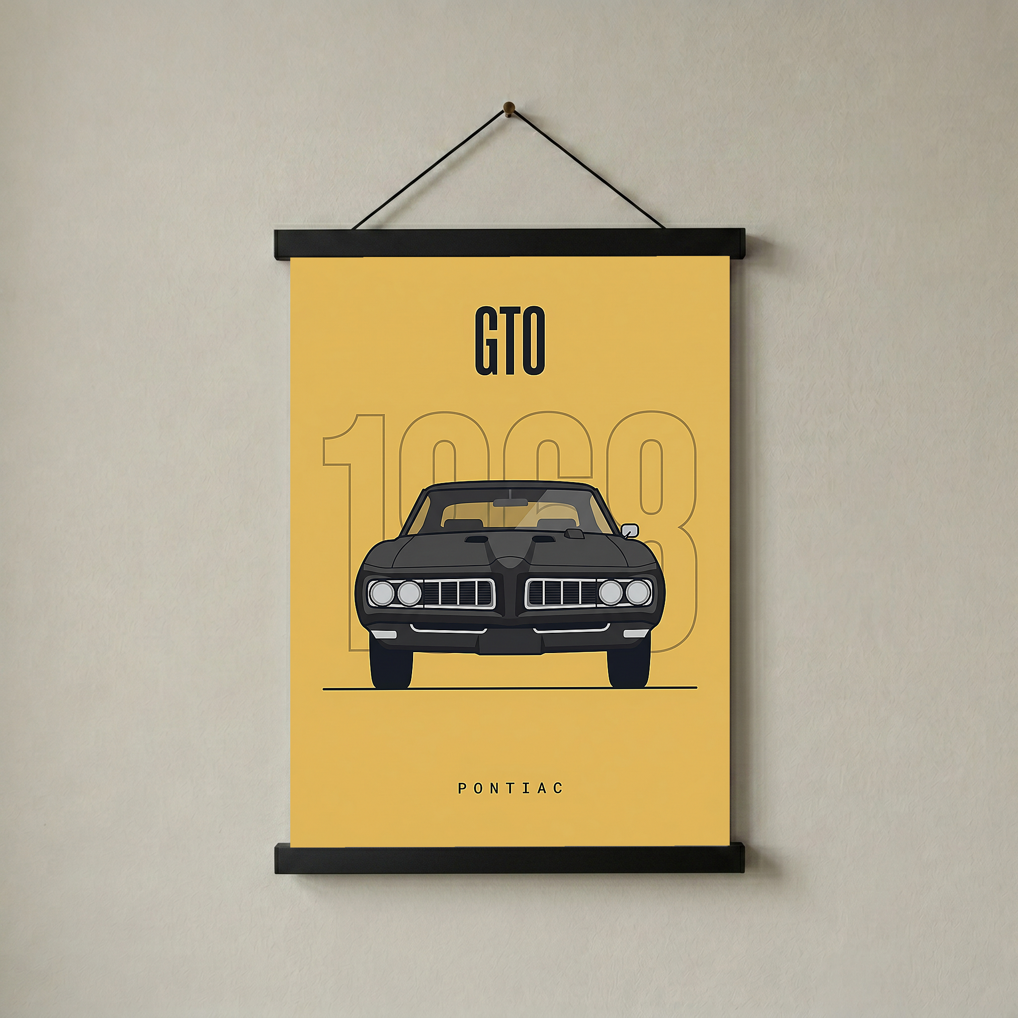 Pontiac GTO 1968 Minimalist Poster — Golden Yellow Muscle Car Line Art