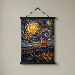 Lone Fox Starry Night Print — Van Gogh-Style Wildlife Hillside Wall Art