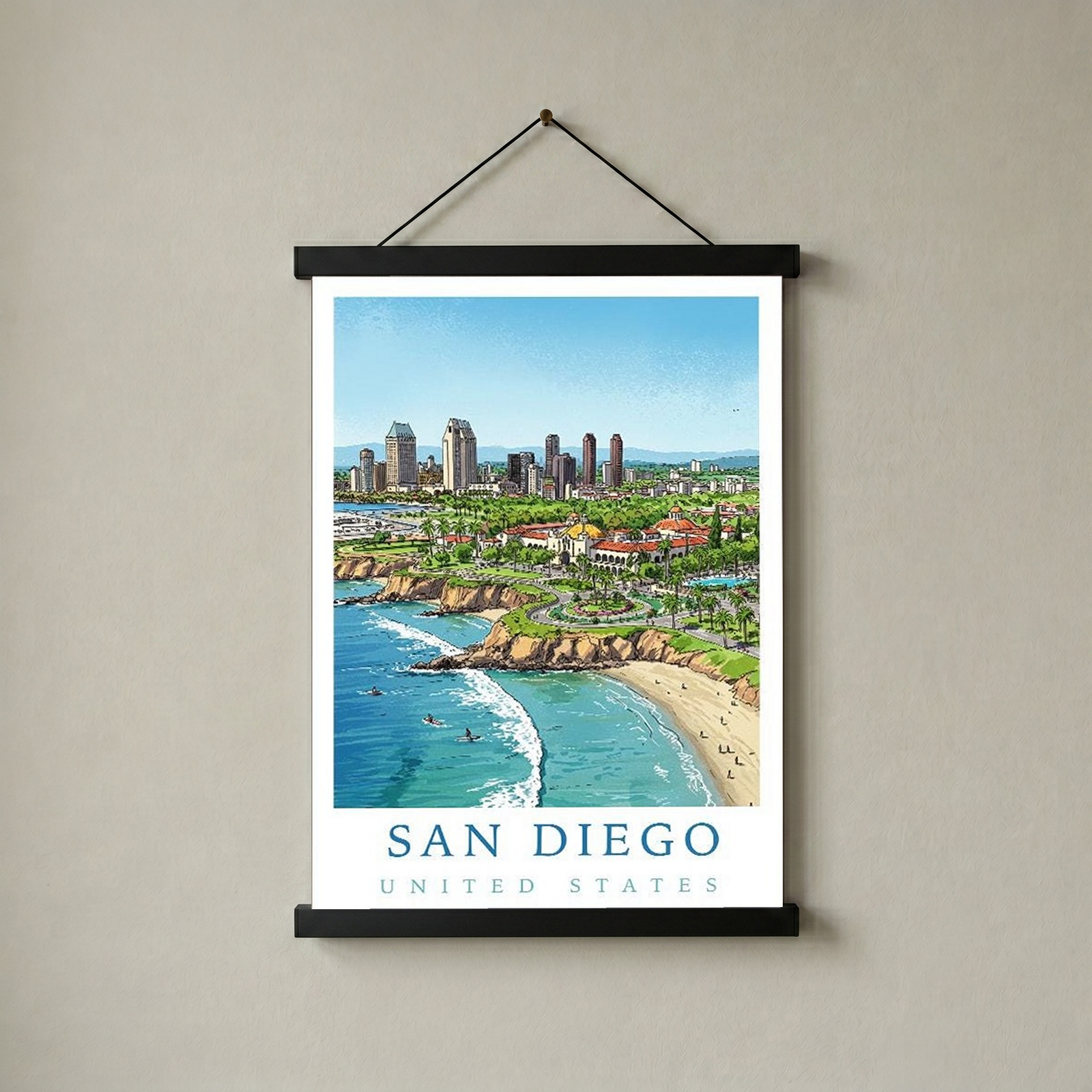 San Diego Travel Poster — Coastal Skyline Cabrillo Beach Print