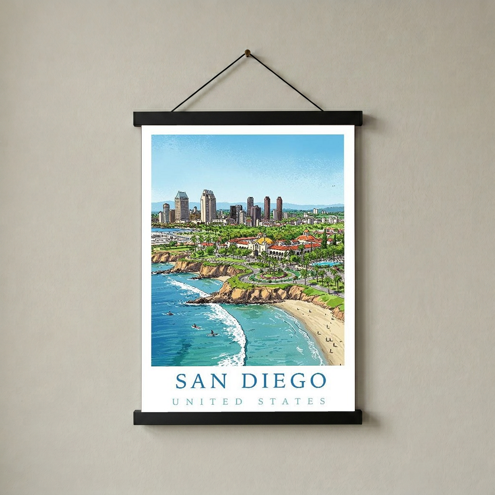 San Diego Travel Poster — Coastal Skyline Cabrillo Beach Print