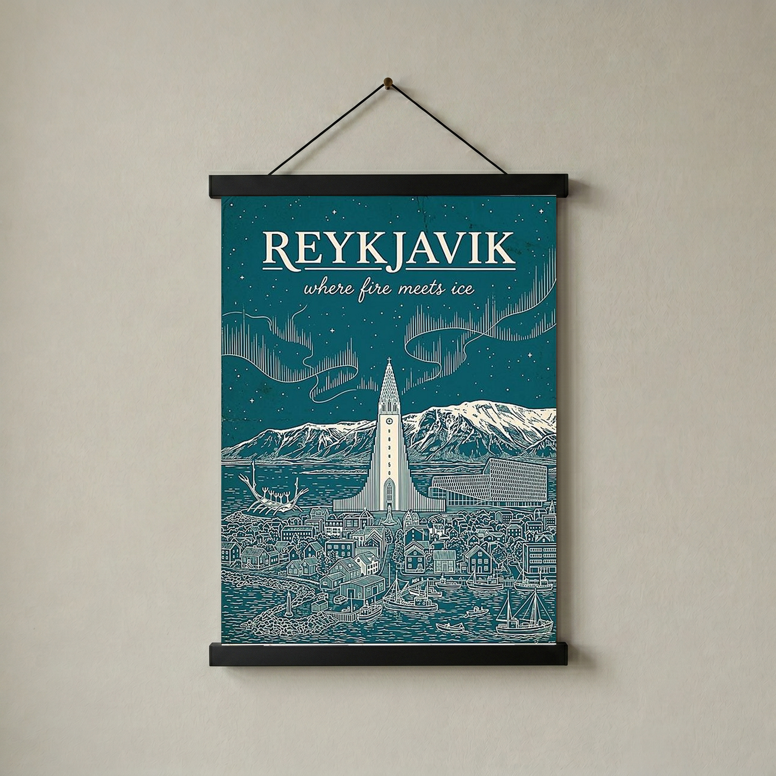 Reykjavik Line Art Print — Teal Hallgrímskirkja Aurora Skyline Wall Art