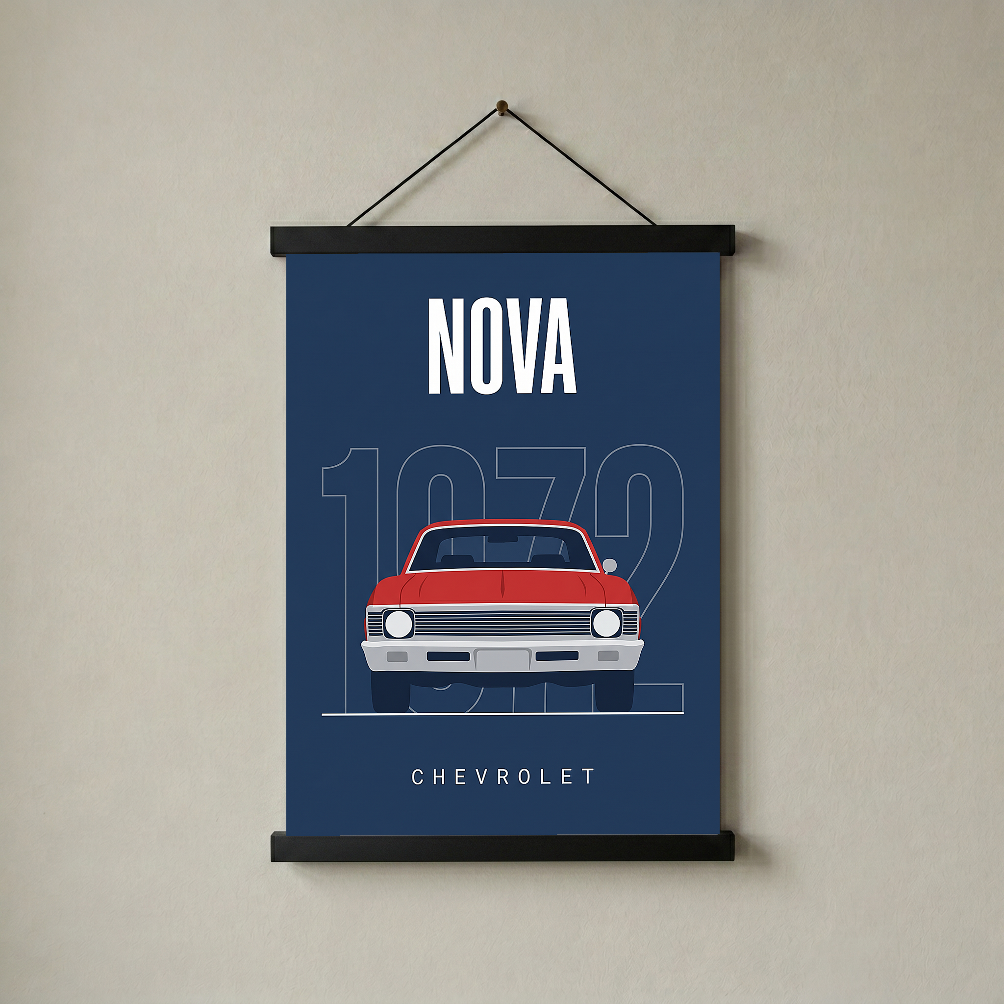 Chevrolet Nova 1972 Minimalist Poster — Red on Navy Compact Muscle Line Art