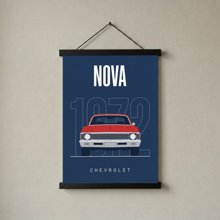Chevrolet Nova 1972 Minimalist Poster — Red on Navy Compact Muscle Line Art