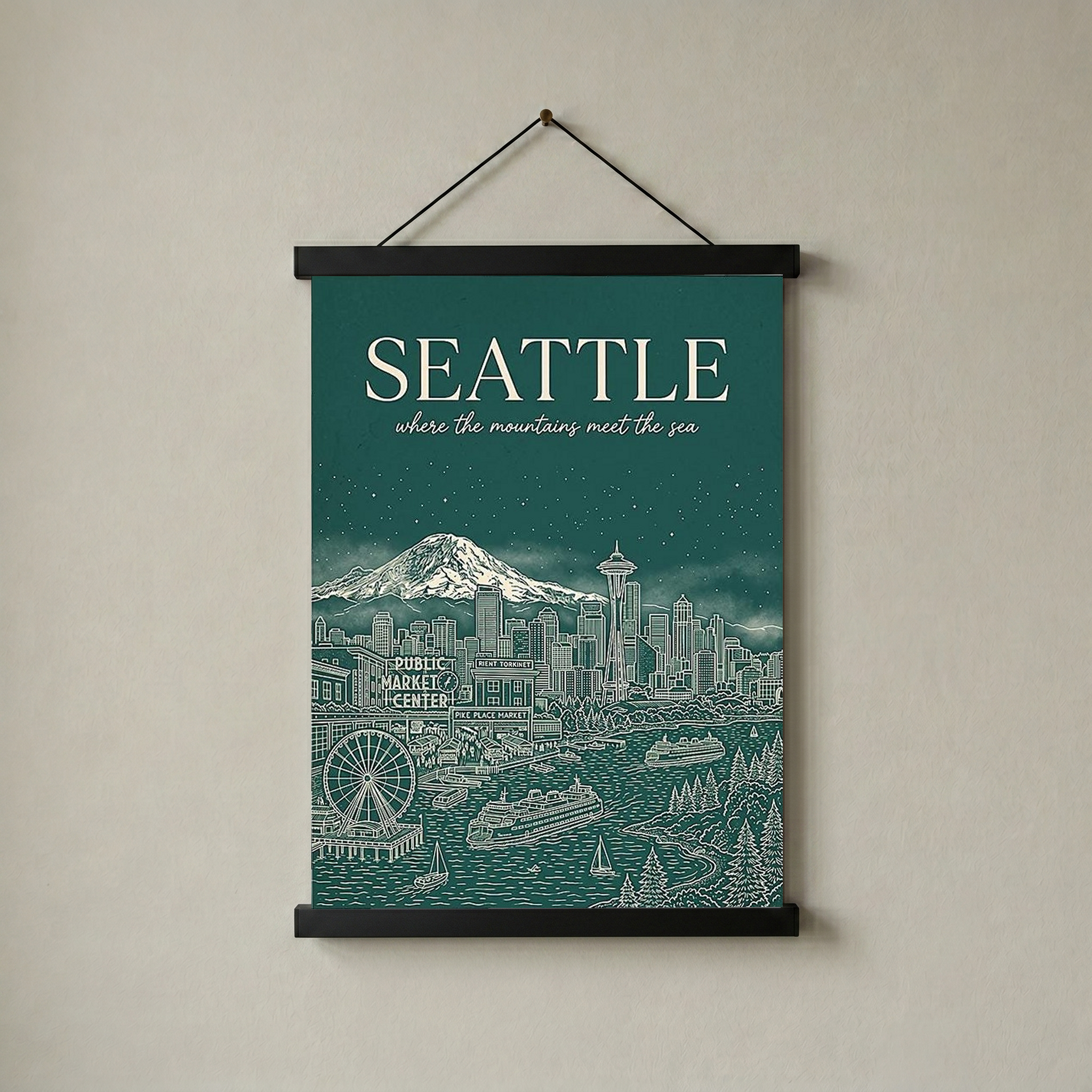 Seattle Line Art Travel Poster — Mount Rainier Cityscape Pacific Northwest Print