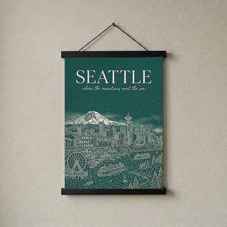 Seattle Line Art Travel Poster — Mount Rainier Cityscape Pacific Northwest Print