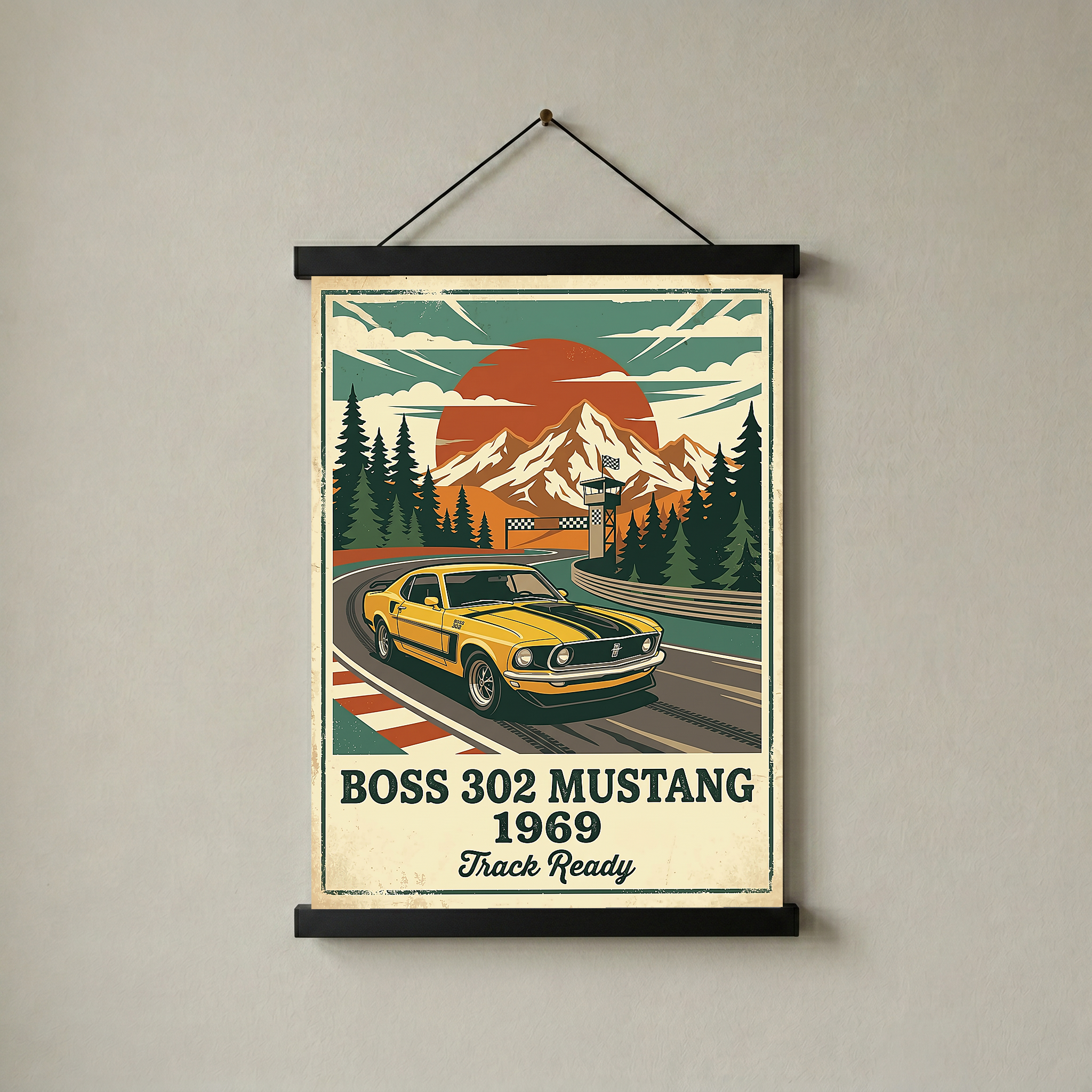 Boss 302 Mustang 1969 Poster — Vintage Muscle Car Race Track Print