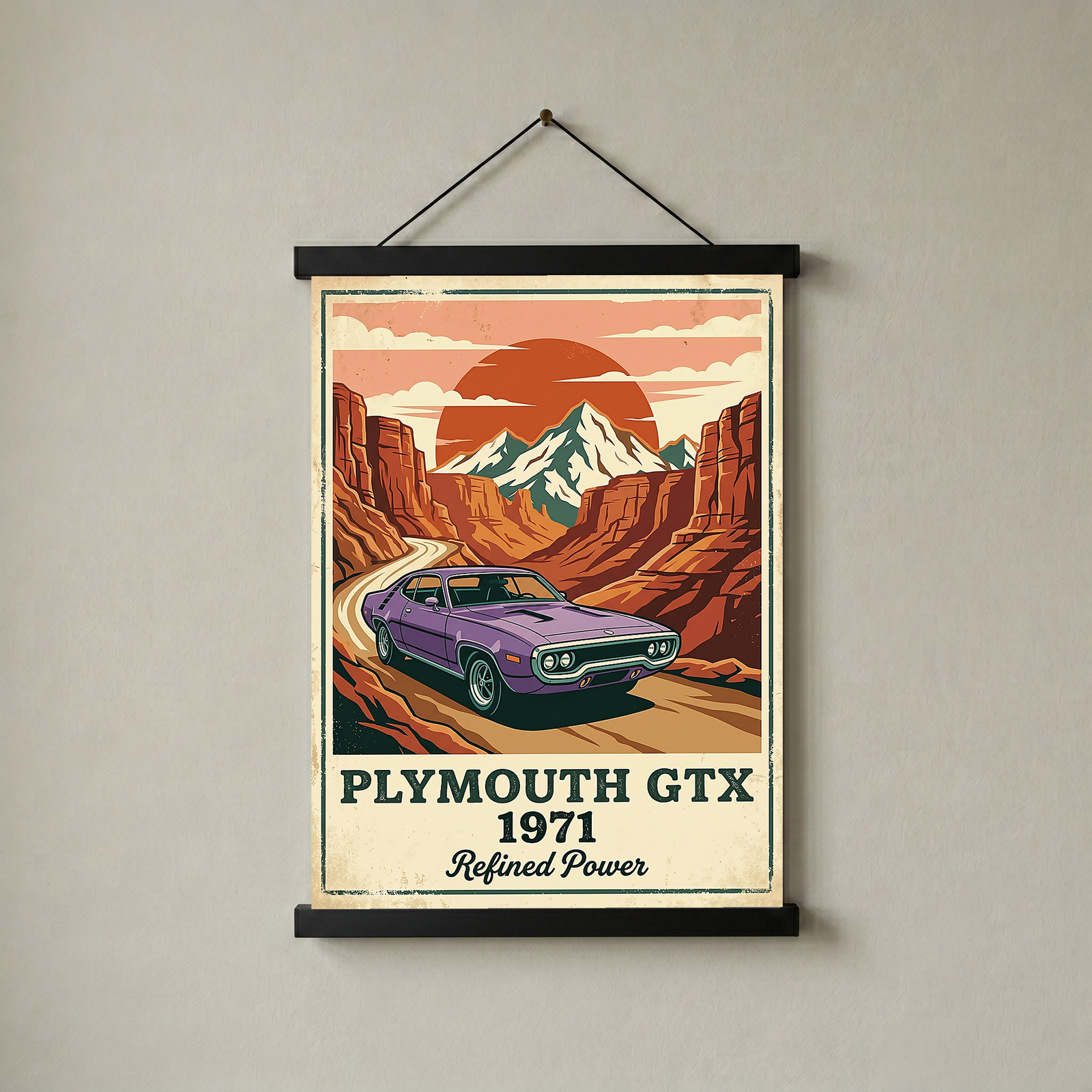 Plymouth GTX 1971 Poster — Vintage Muscle Car Red Rock Canyon Print