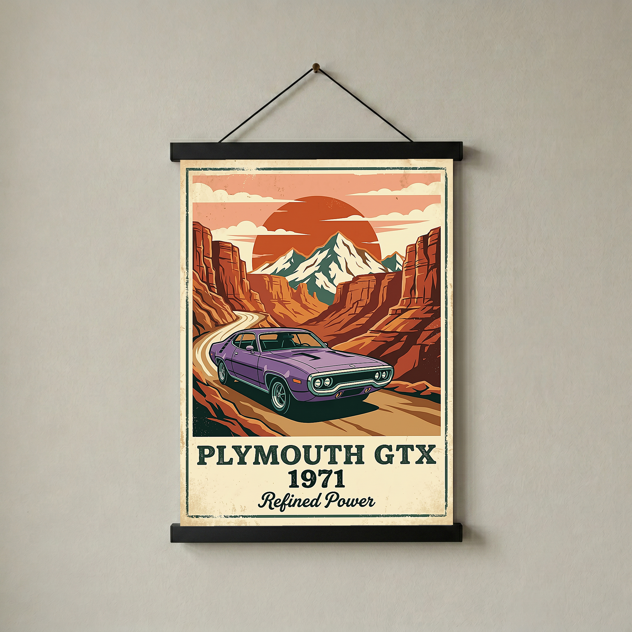 Plymouth GTX 1971 Poster — Vintage Muscle Car Red Rock Canyon Print